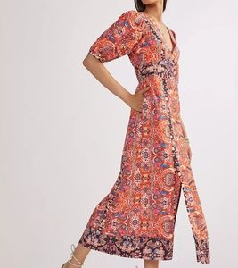 Anthropologie Boho Inspired Orange Abstract V-Neck Maxi Dress Size 6